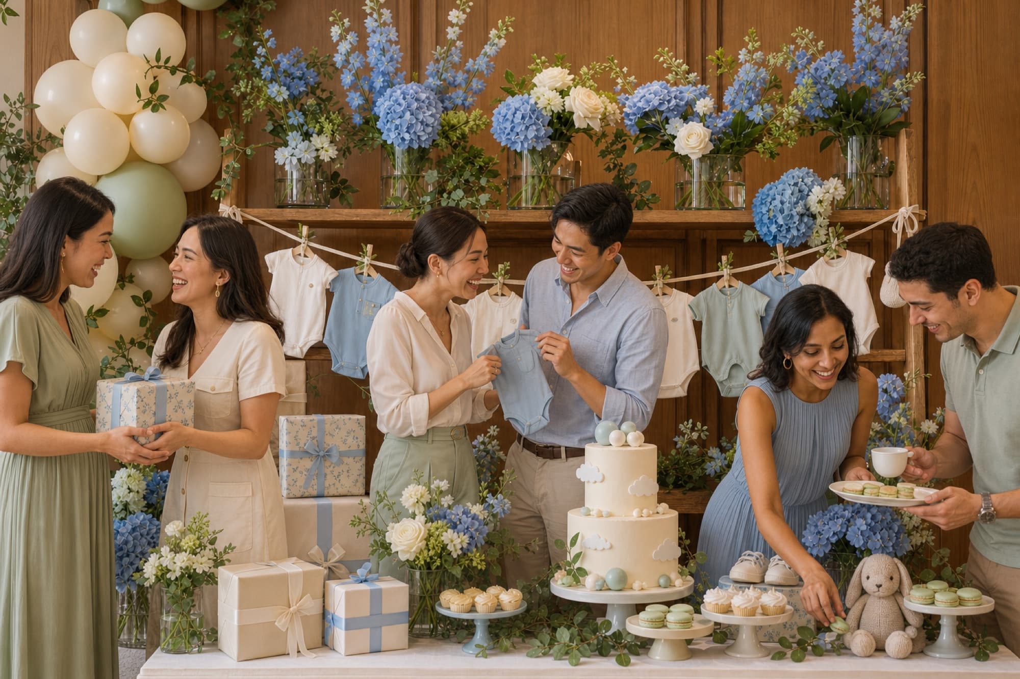 Guests at a baby shower styled with blue hydrangeas and a keepsake display
