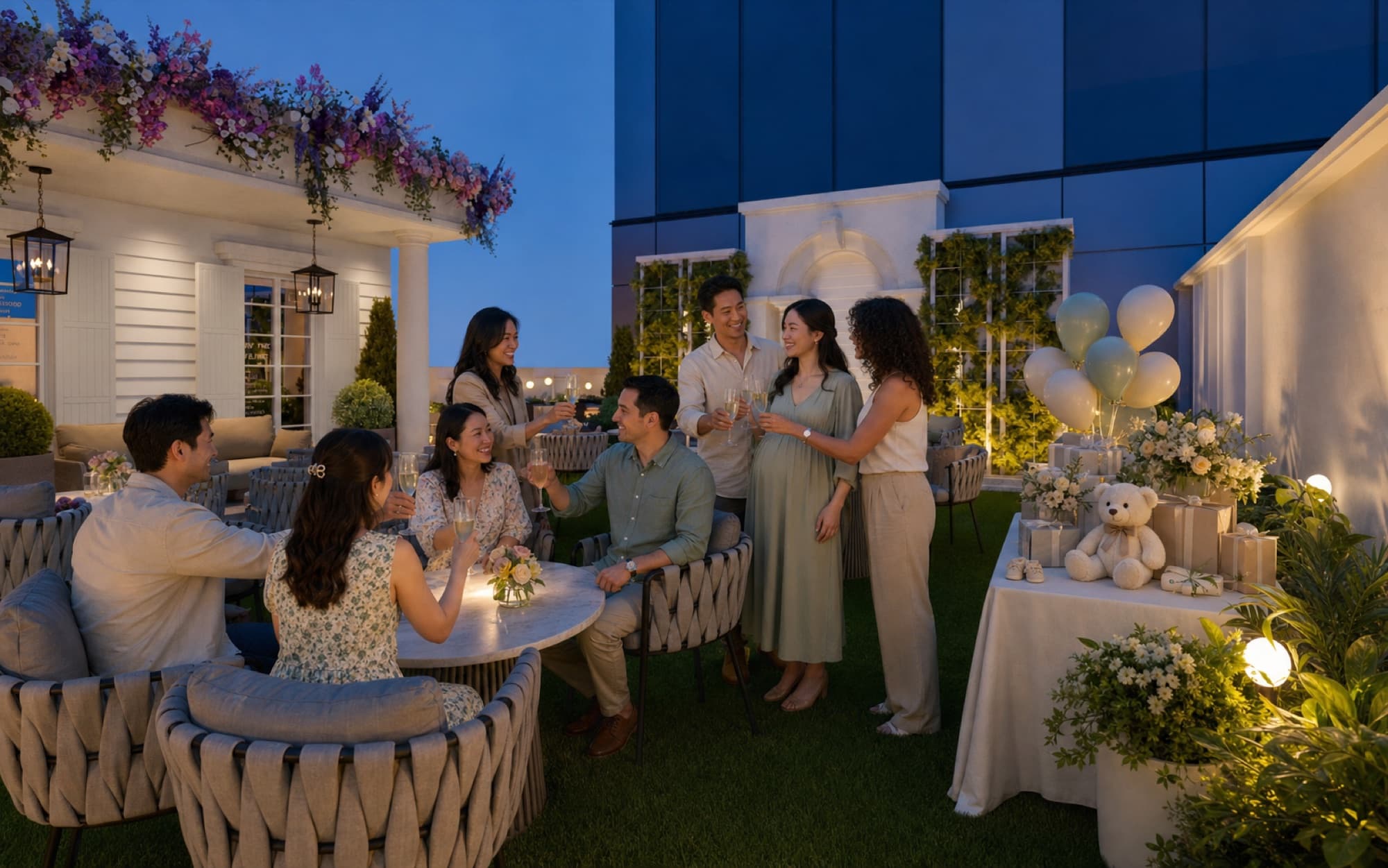 An evening baby shower gathering on the garden terrace