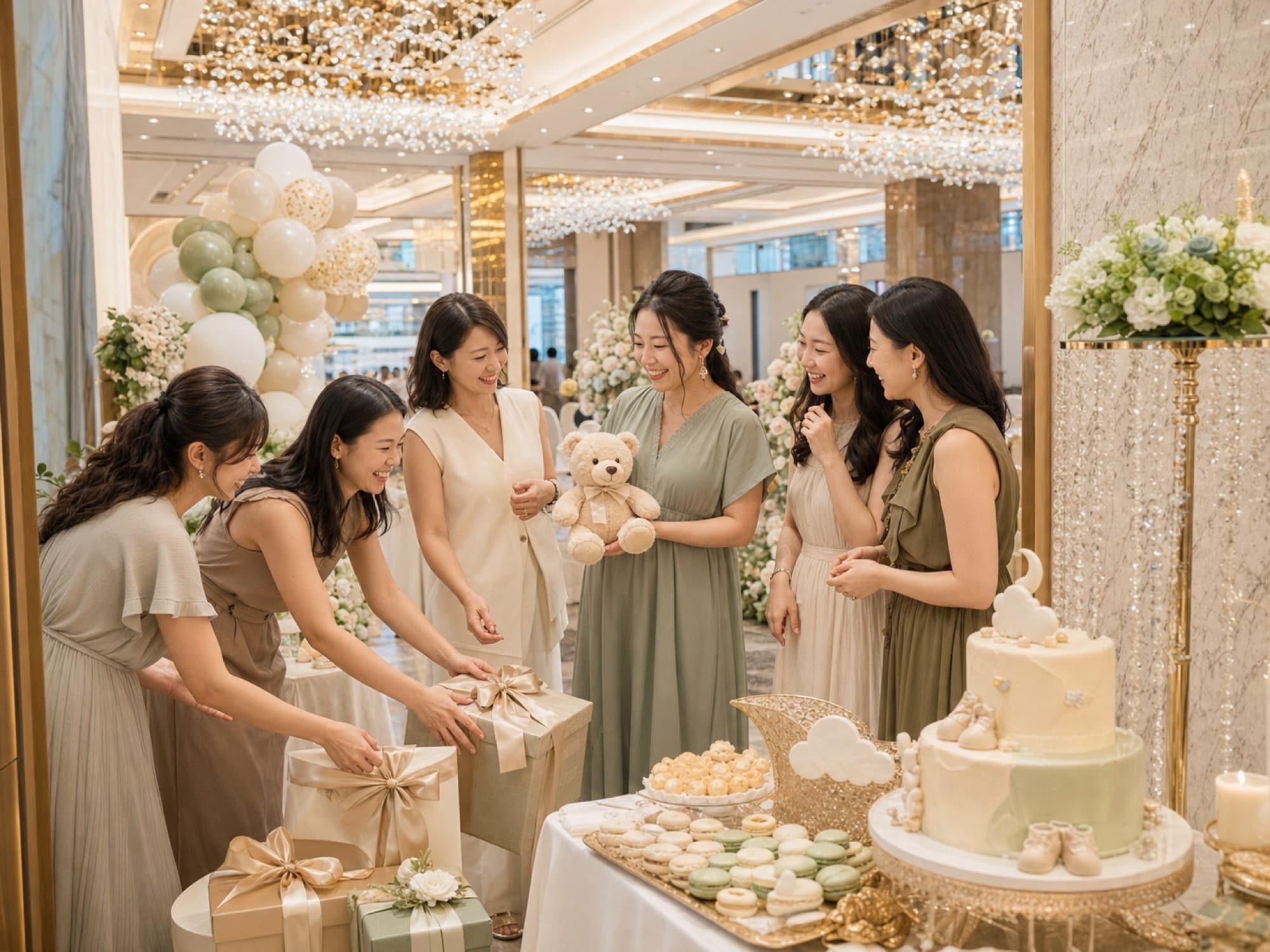 Guests at a baby shower gift and dessert table
