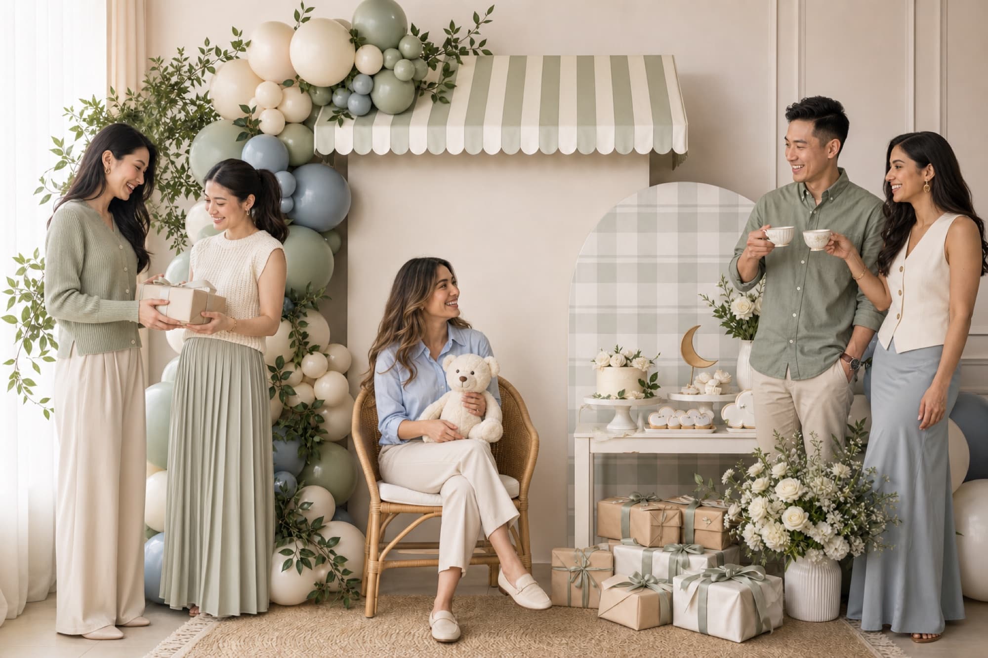 A sage-and-cream baby shower corner with balloon garland and gingham backdrops