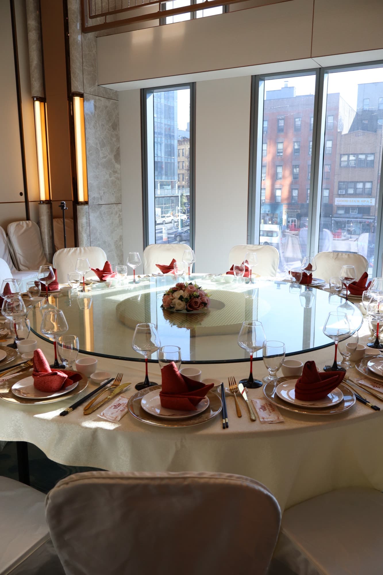 A banquet table set for guests