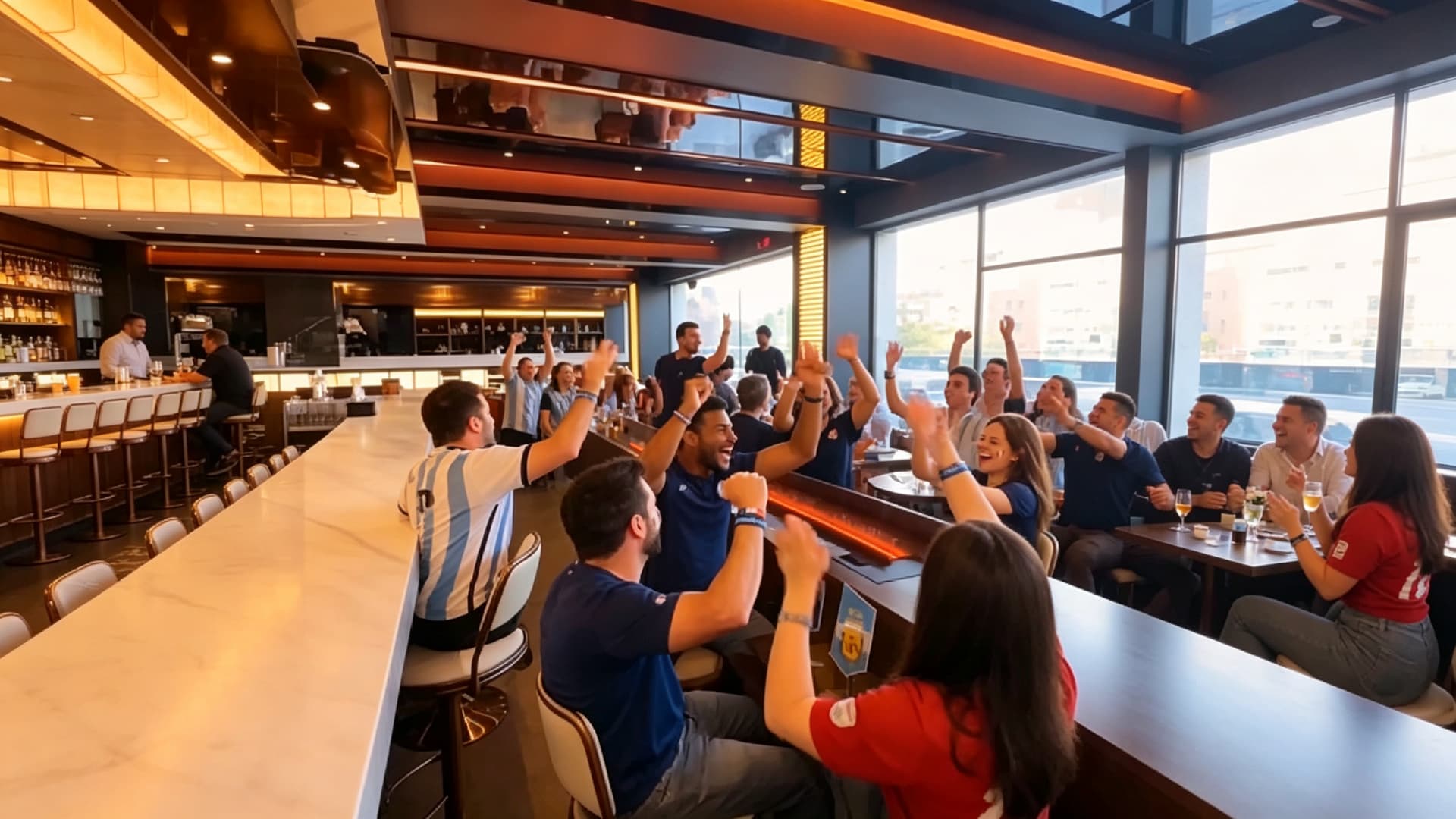 Friends celebrating by the lounge bar