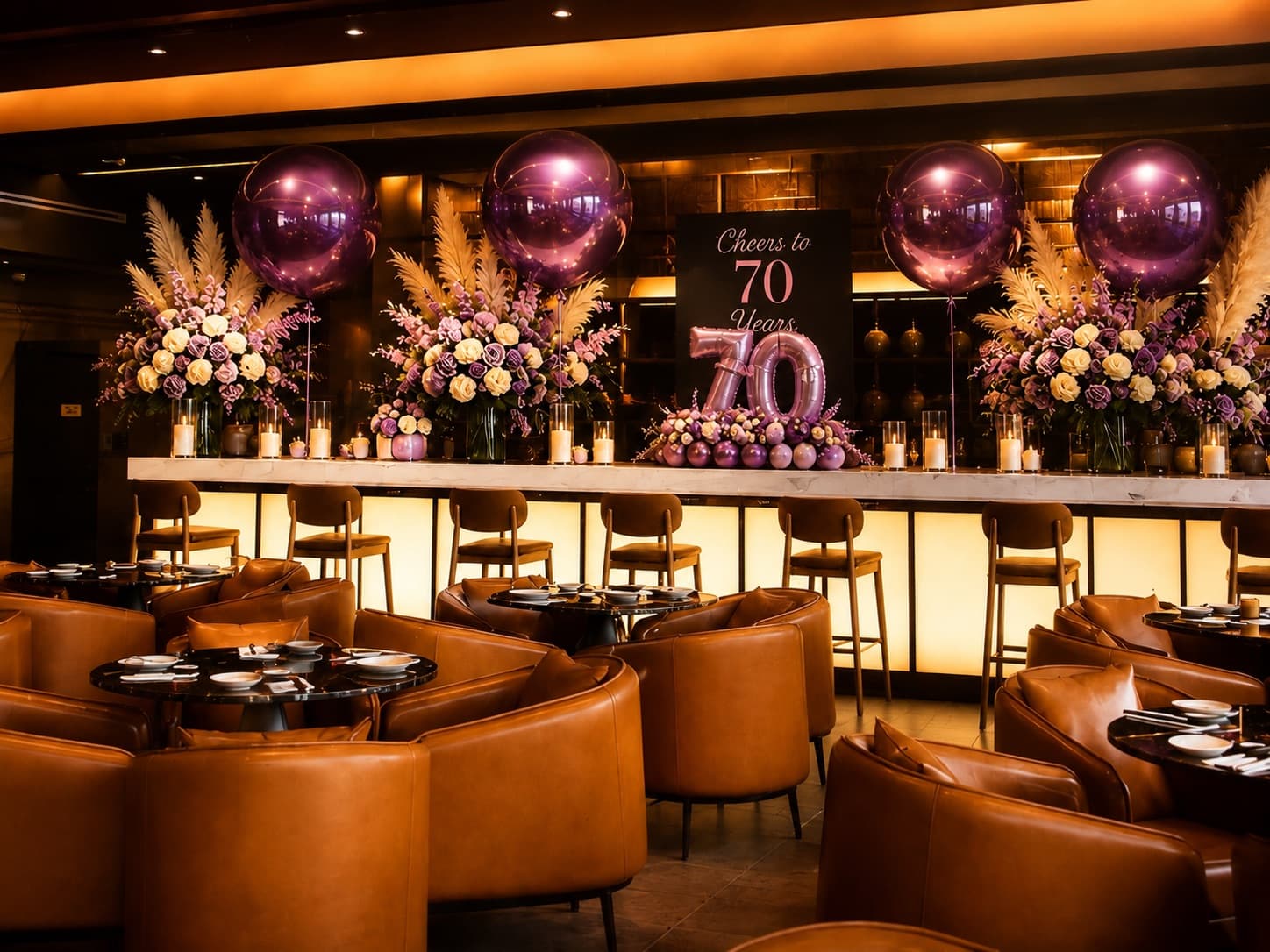 The lounge dressed in purple and gold for a 70th-birthday celebration