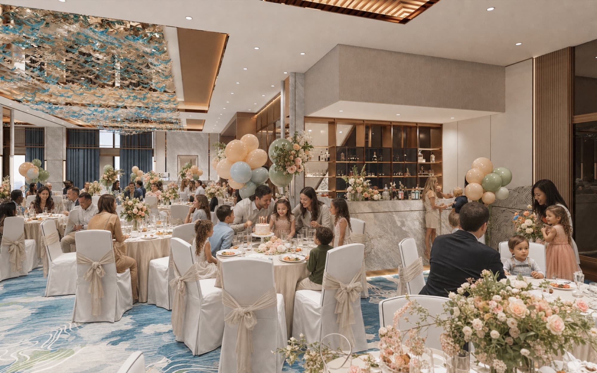 Family and friends gathered at a birthday banquet with balloon decor