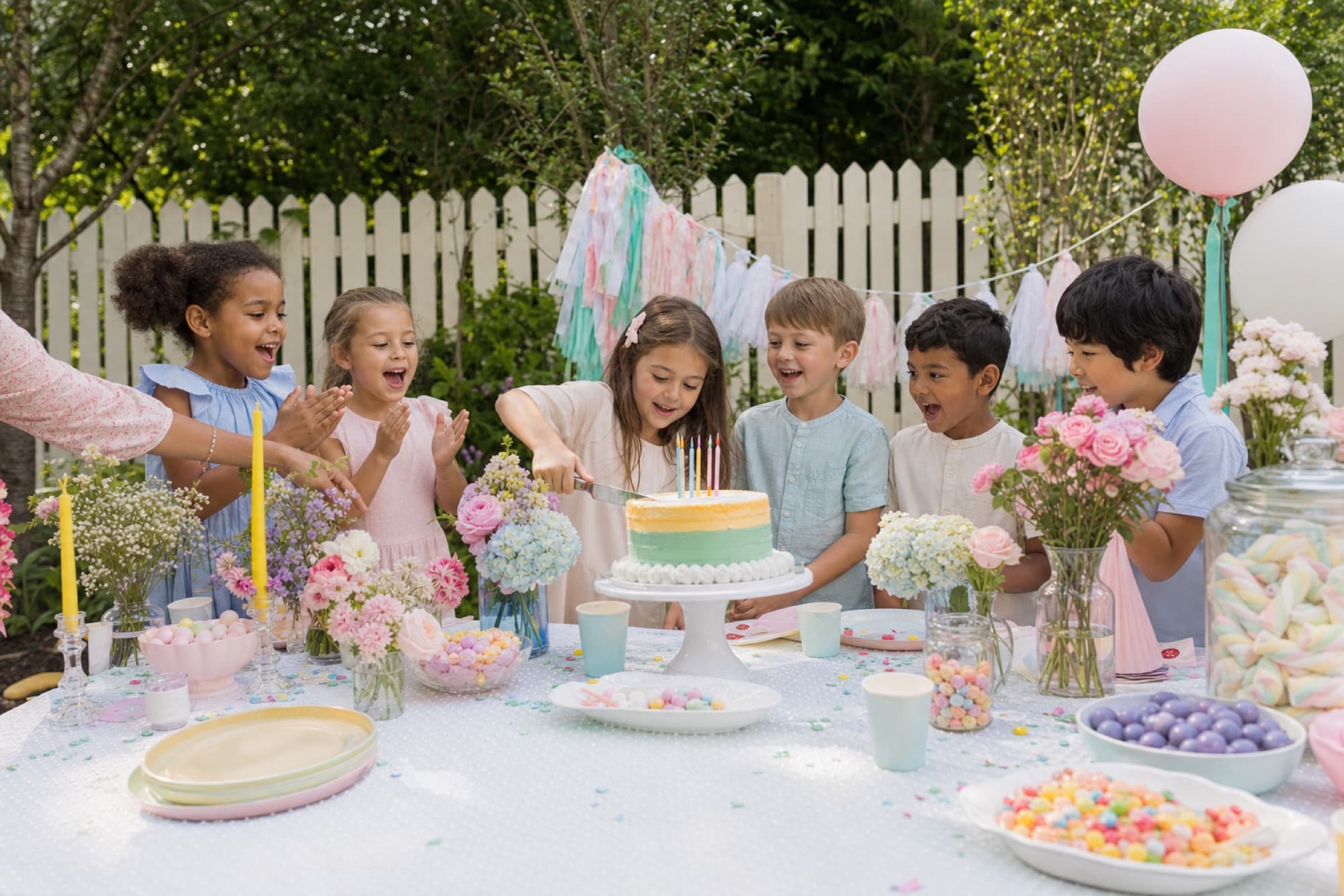 Children around a pastel dessert table at a garden birthday party