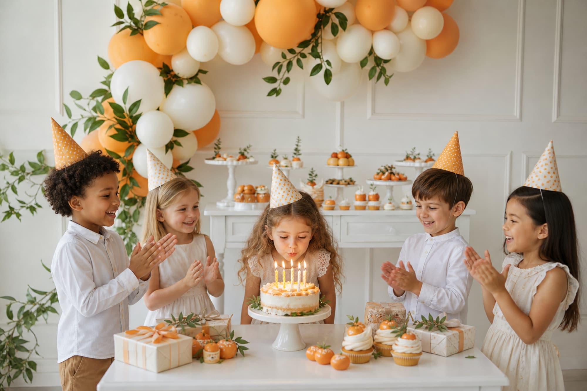 Children in party hats gathered around a birthday cake and dessert table