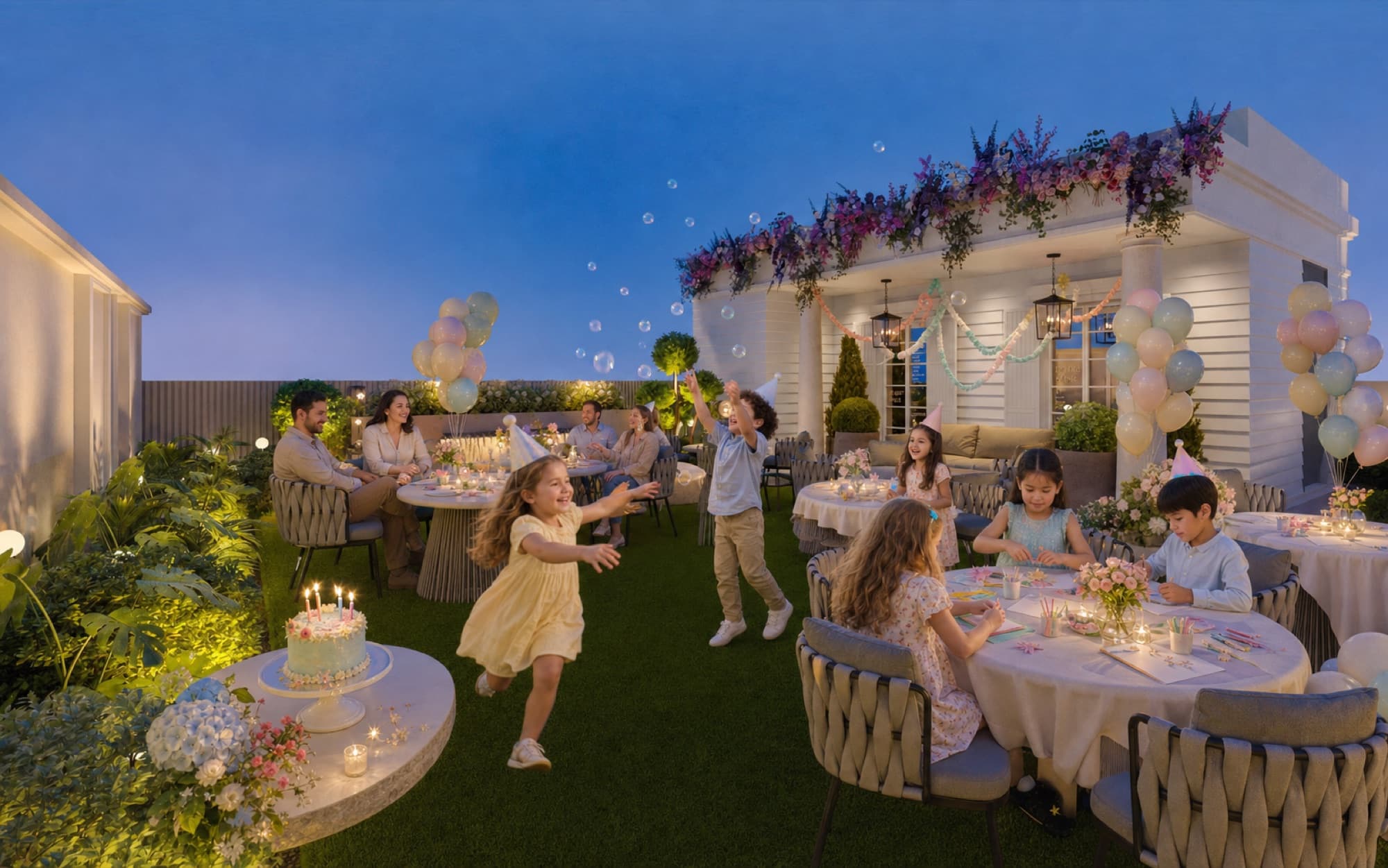 Children playing at an evening birthday party on the garden terrace