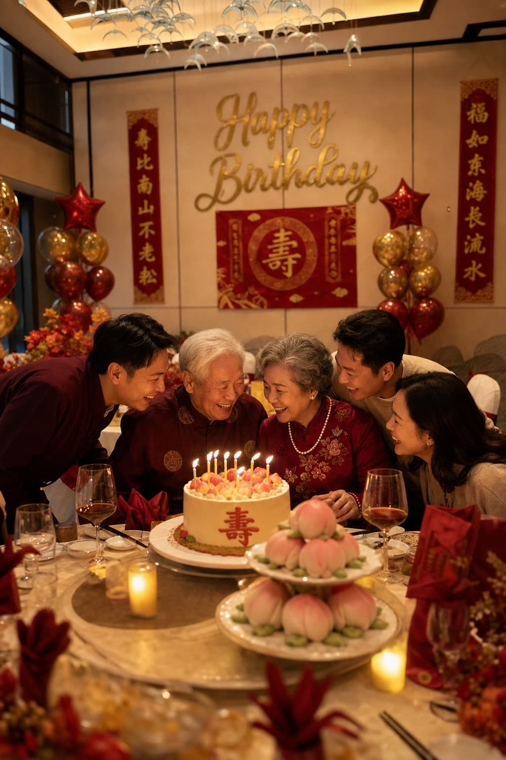 Elderly guests of honor sharing a longevity birthday cake and peach buns with family