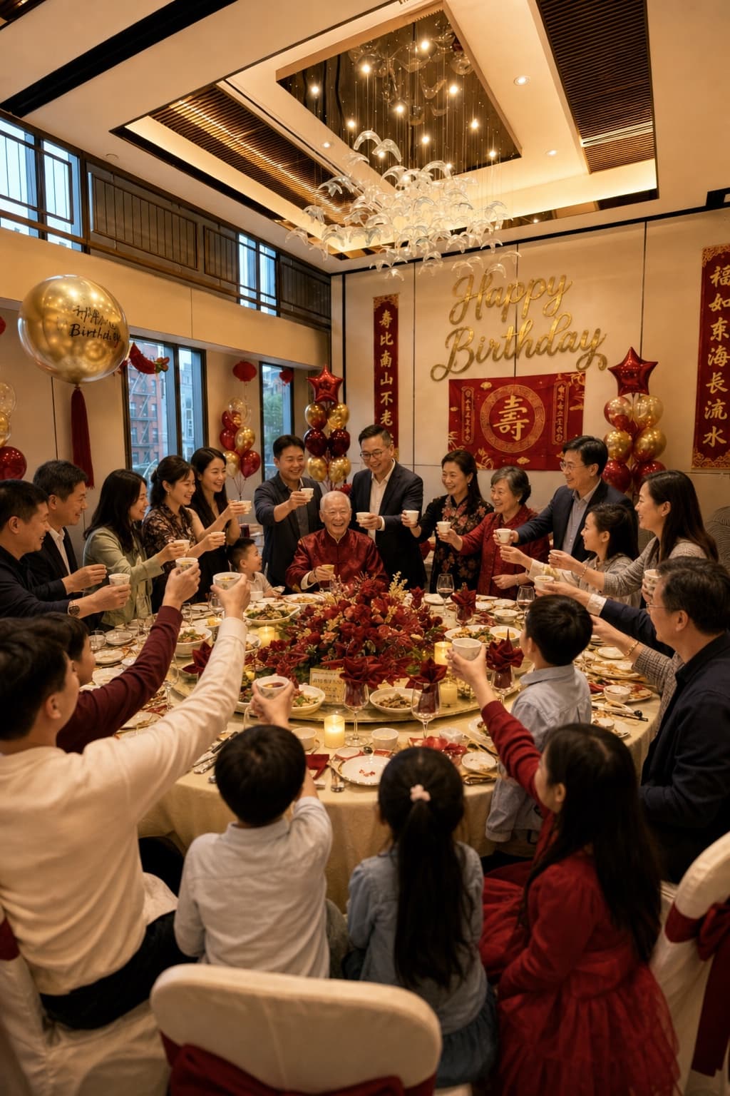 A multi-generational family raising a toast to the guest of honor at a longevity birthday banquet