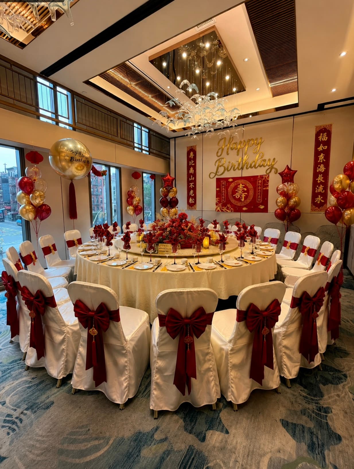 A longevity birthday banquet set with red-and-gold decor and a 壽 backdrop in the grand hall