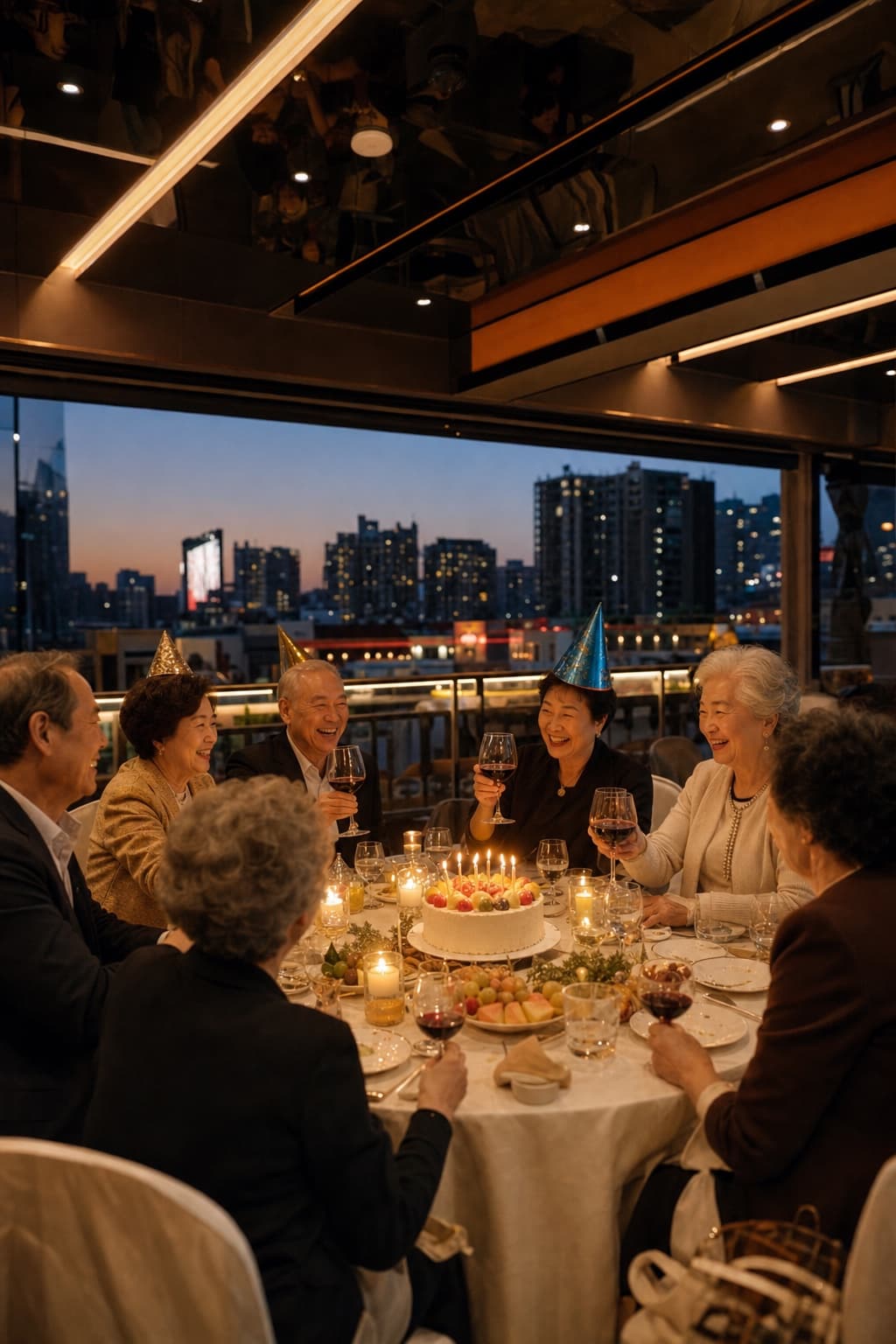 Elderly friends celebrating a birthday together in the modern third-floor lounge