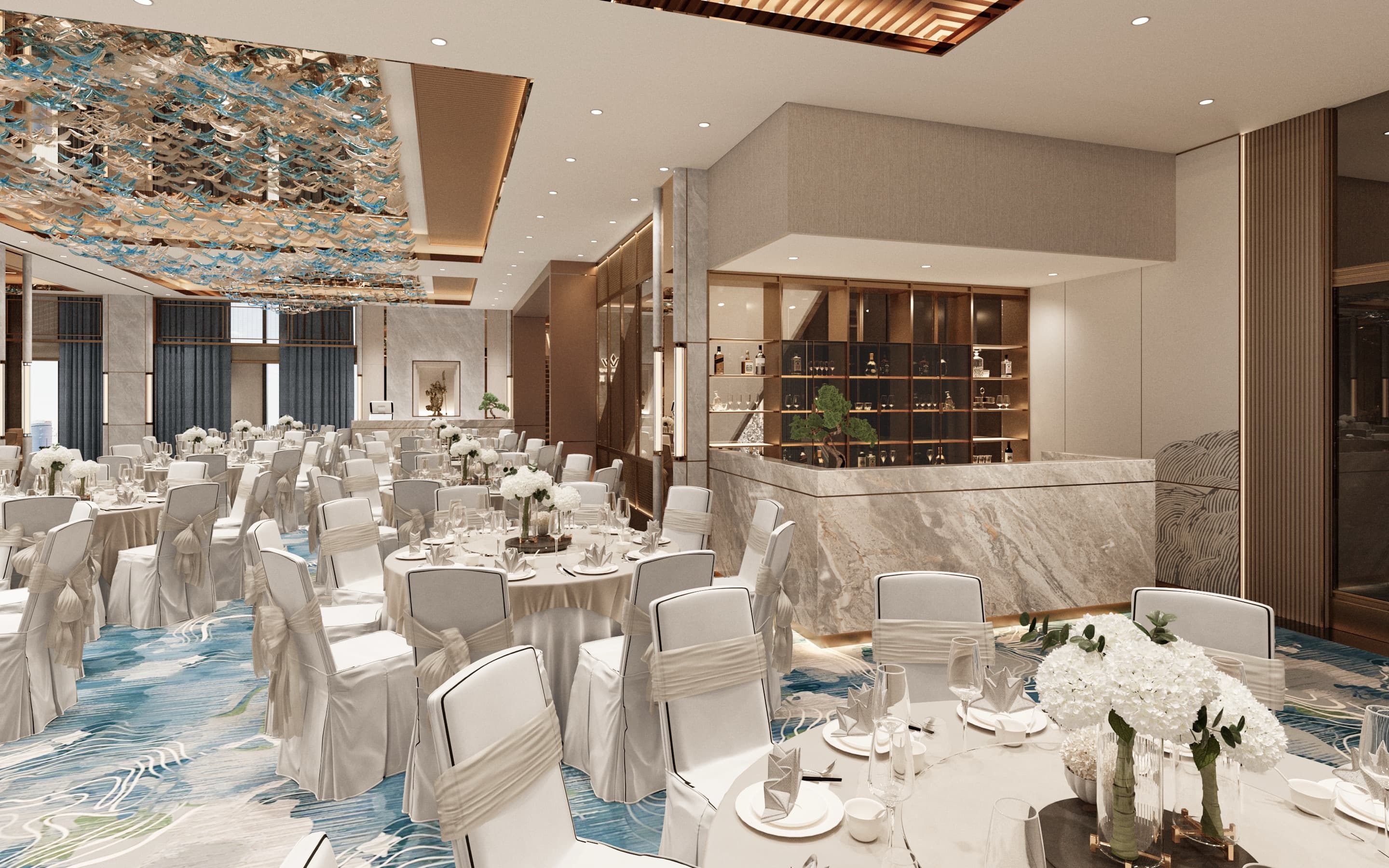 A gala dinner in the grand ballroom at 100 Feast