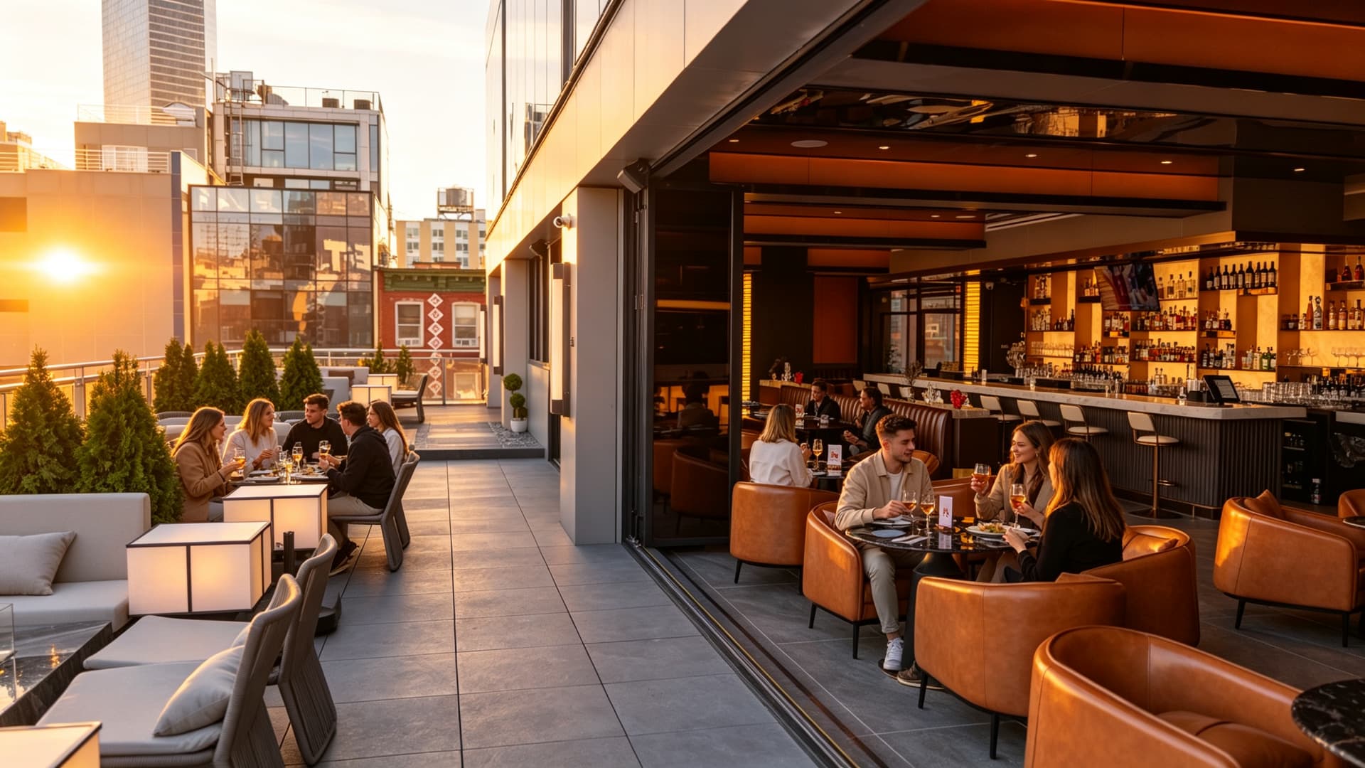 The rooftop terrace at golden hour