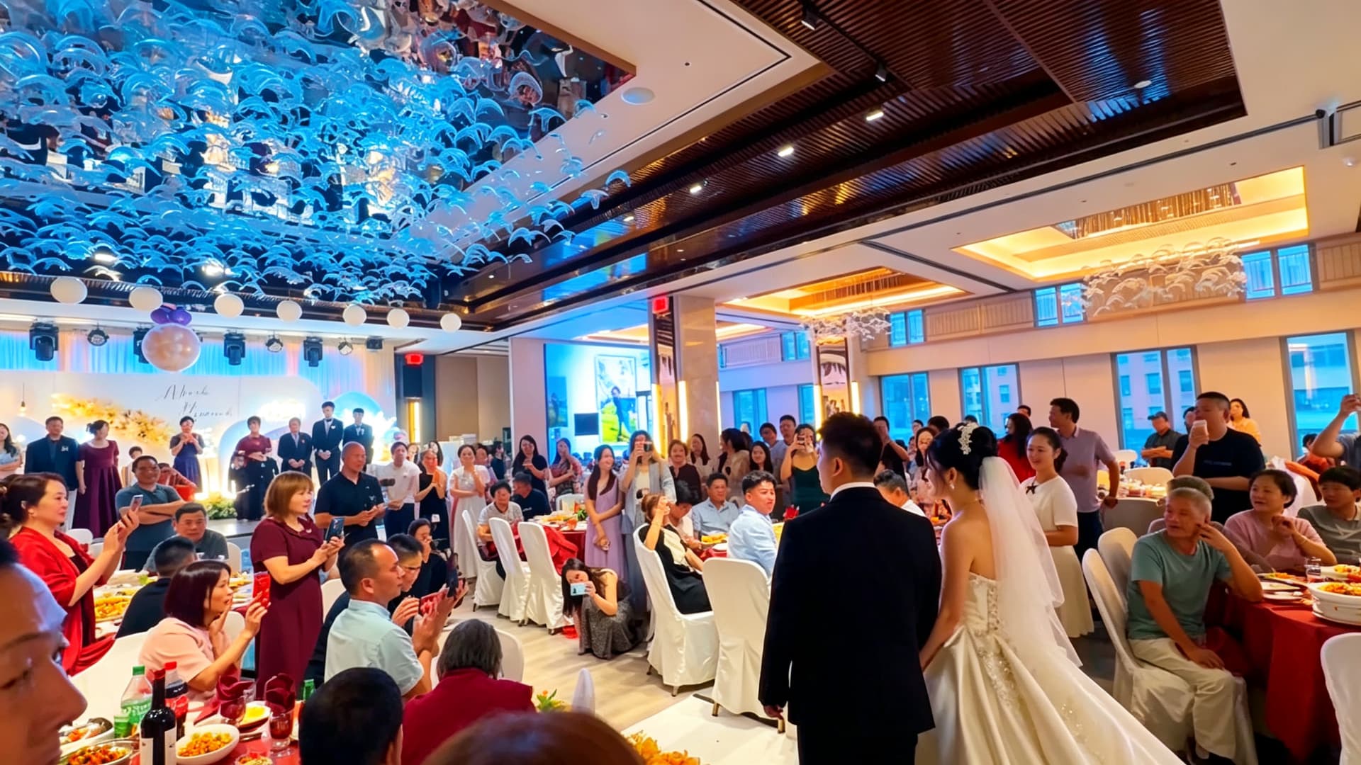 The ballroom in full swing during a wedding banquet