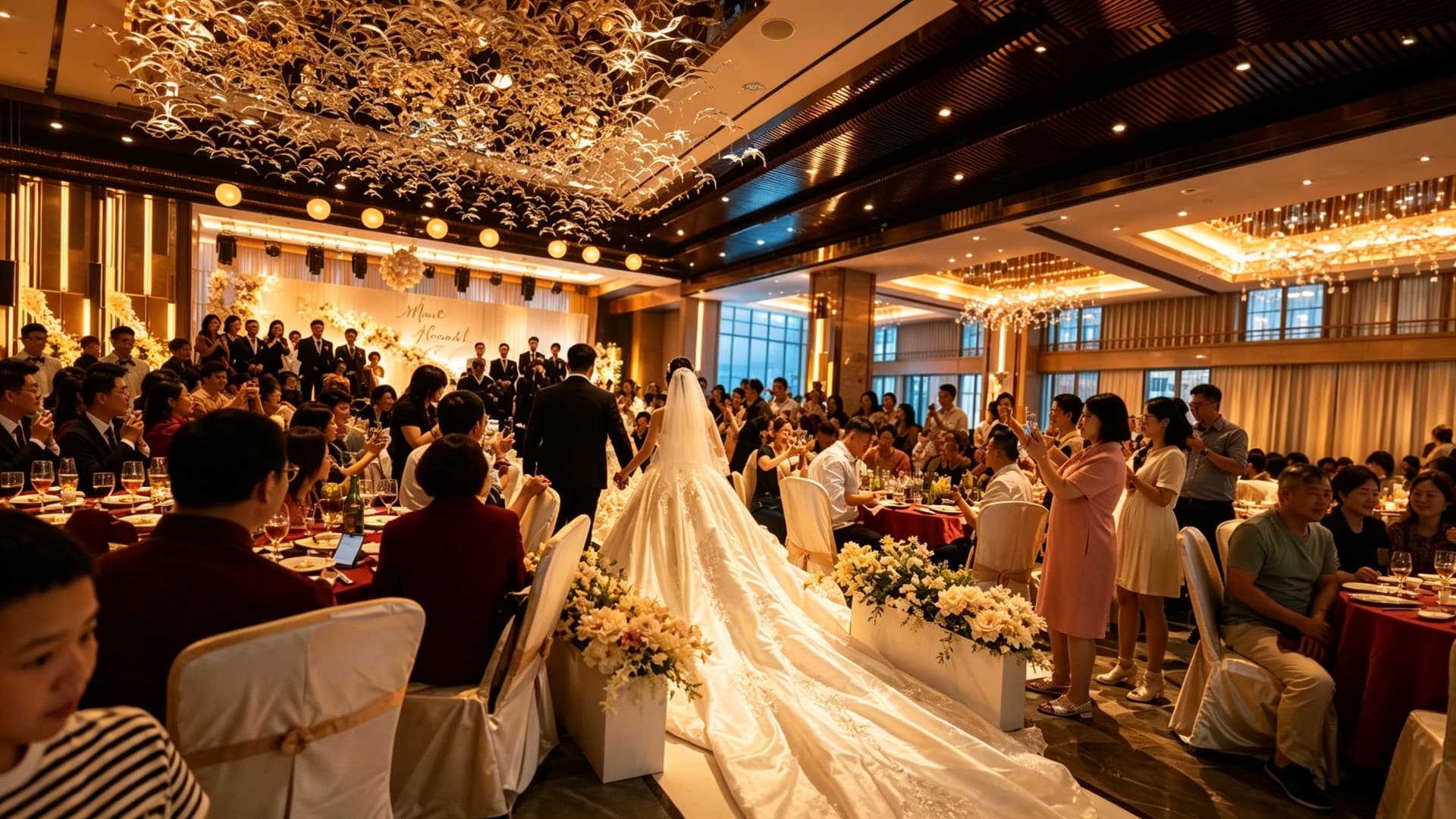 The bridal train down the ceremony aisle