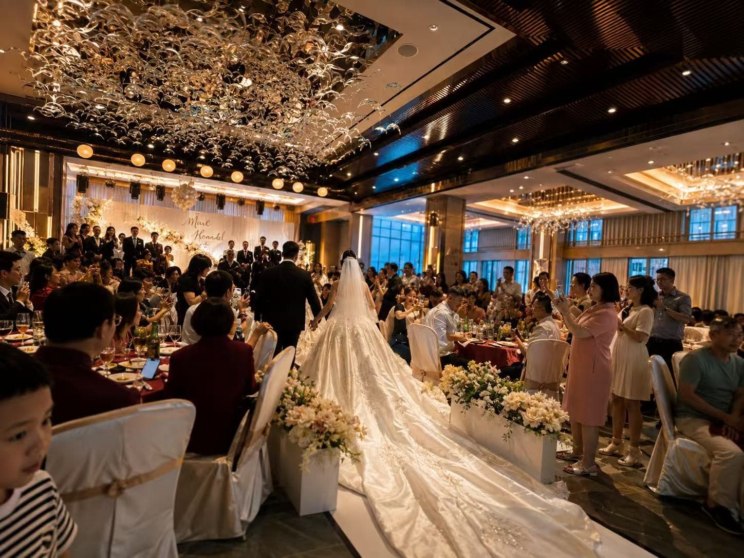 The bride walking the aisle among the banquet tables