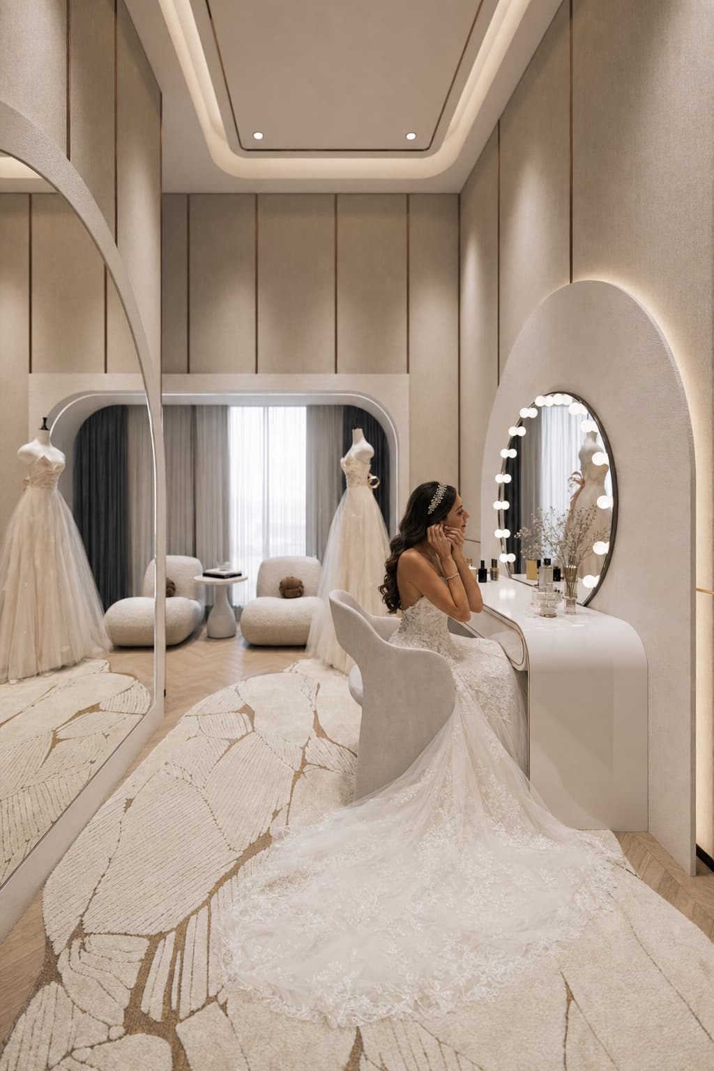 The bride getting ready at the vanity in the bridal suite