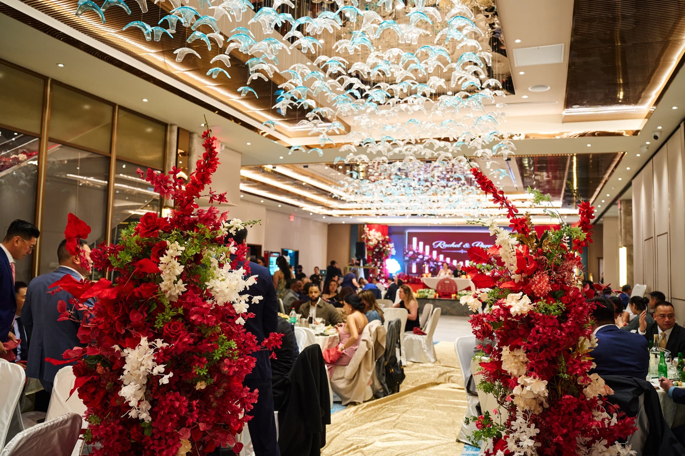 Wedding stage and floral decor in the banquet hall