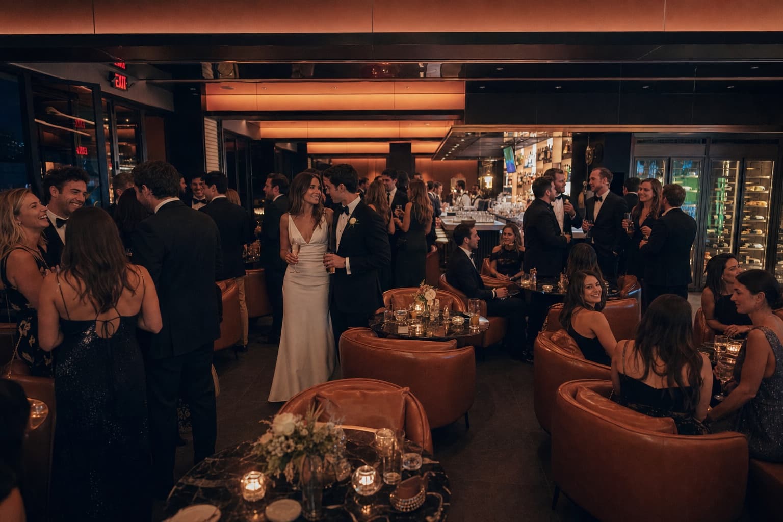 A stylish wedding cocktail reception in the third-floor lounge