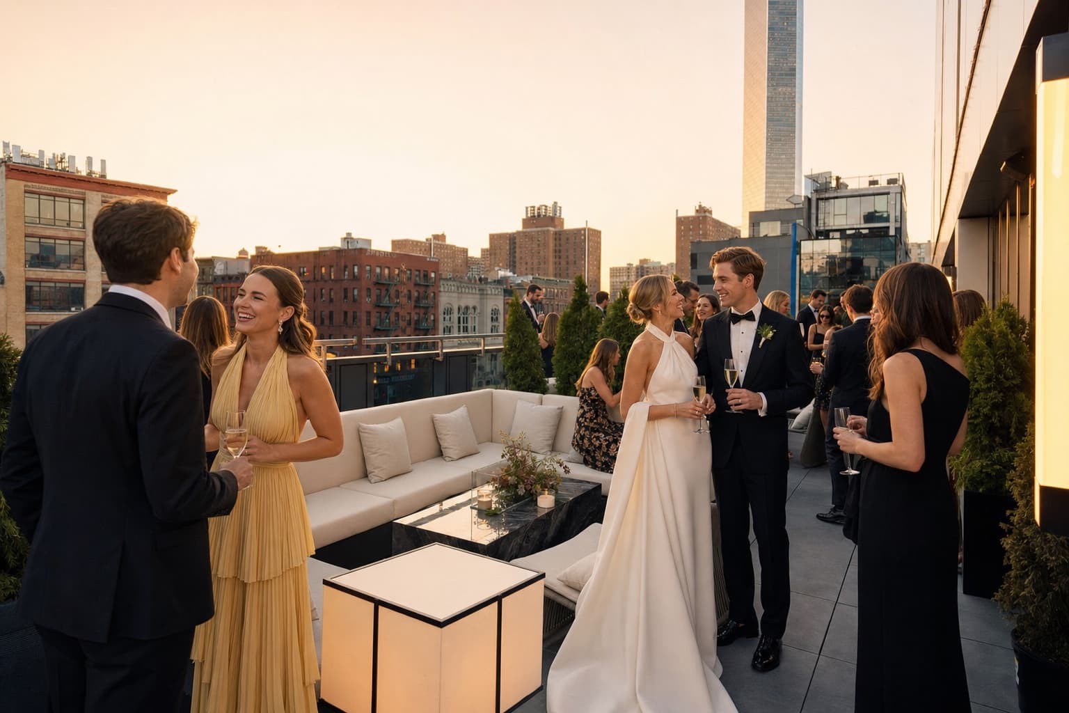 Newlyweds and guests at a rooftop cocktail hour with the New York City skyline at golden hour