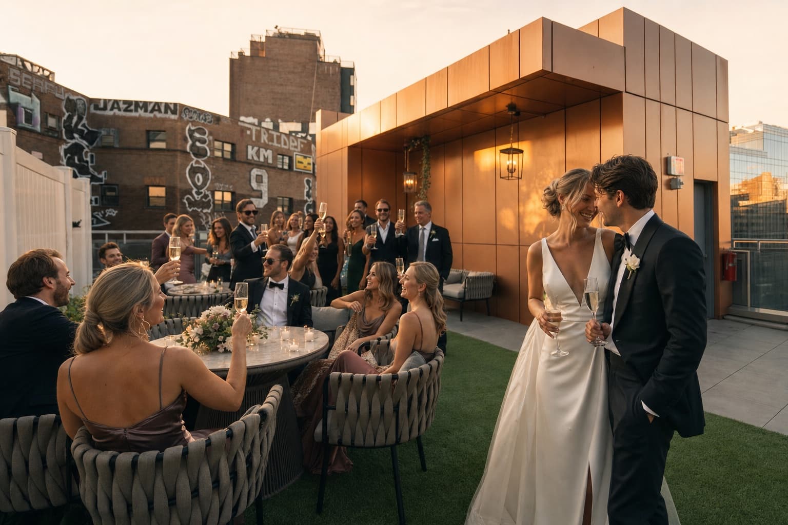 Wedding guests raising a champagne toast on the rooftop terrace at sunset