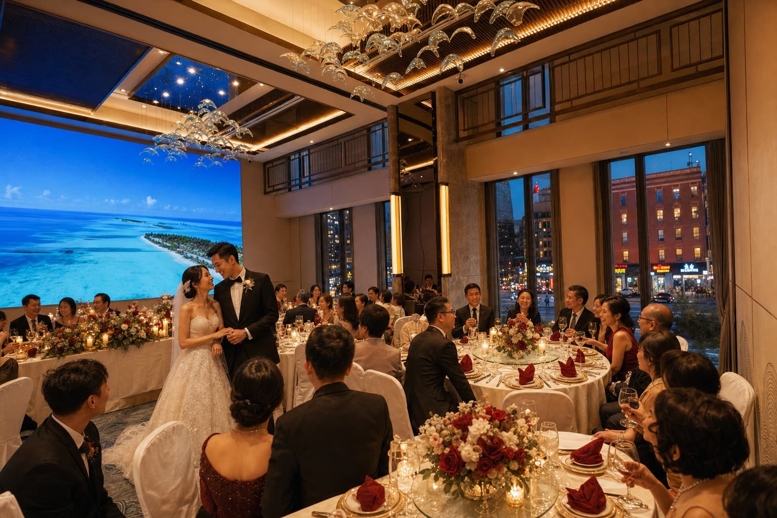 Bride and groom by the head table during a wedding reception in the grand hall