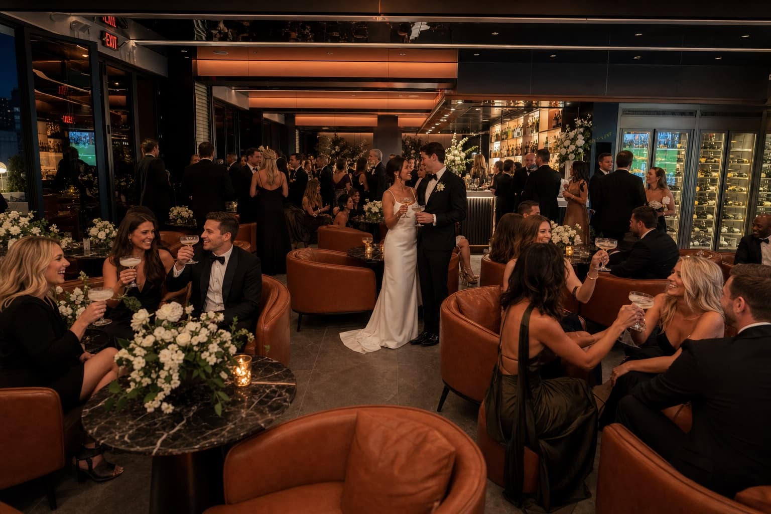 A modern wedding cocktail reception in the lounge