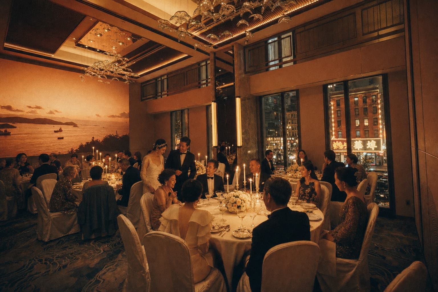 A candlelit wedding banquet in the grand hall