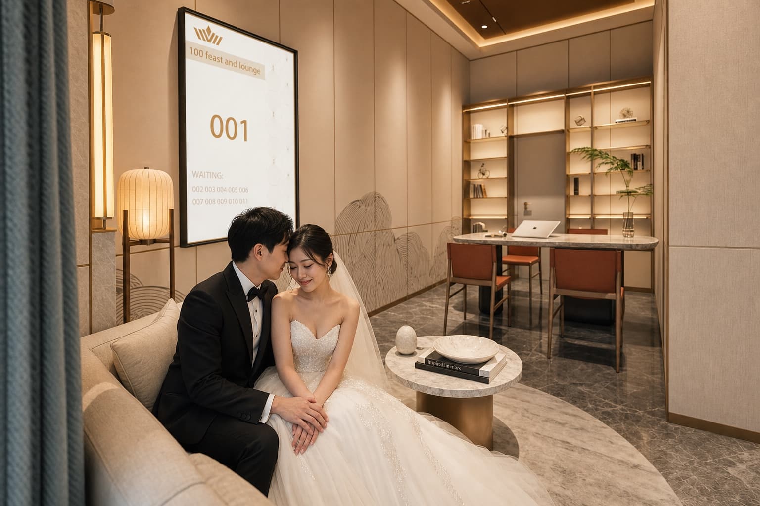 Newlyweds sharing a quiet moment in the lounge
