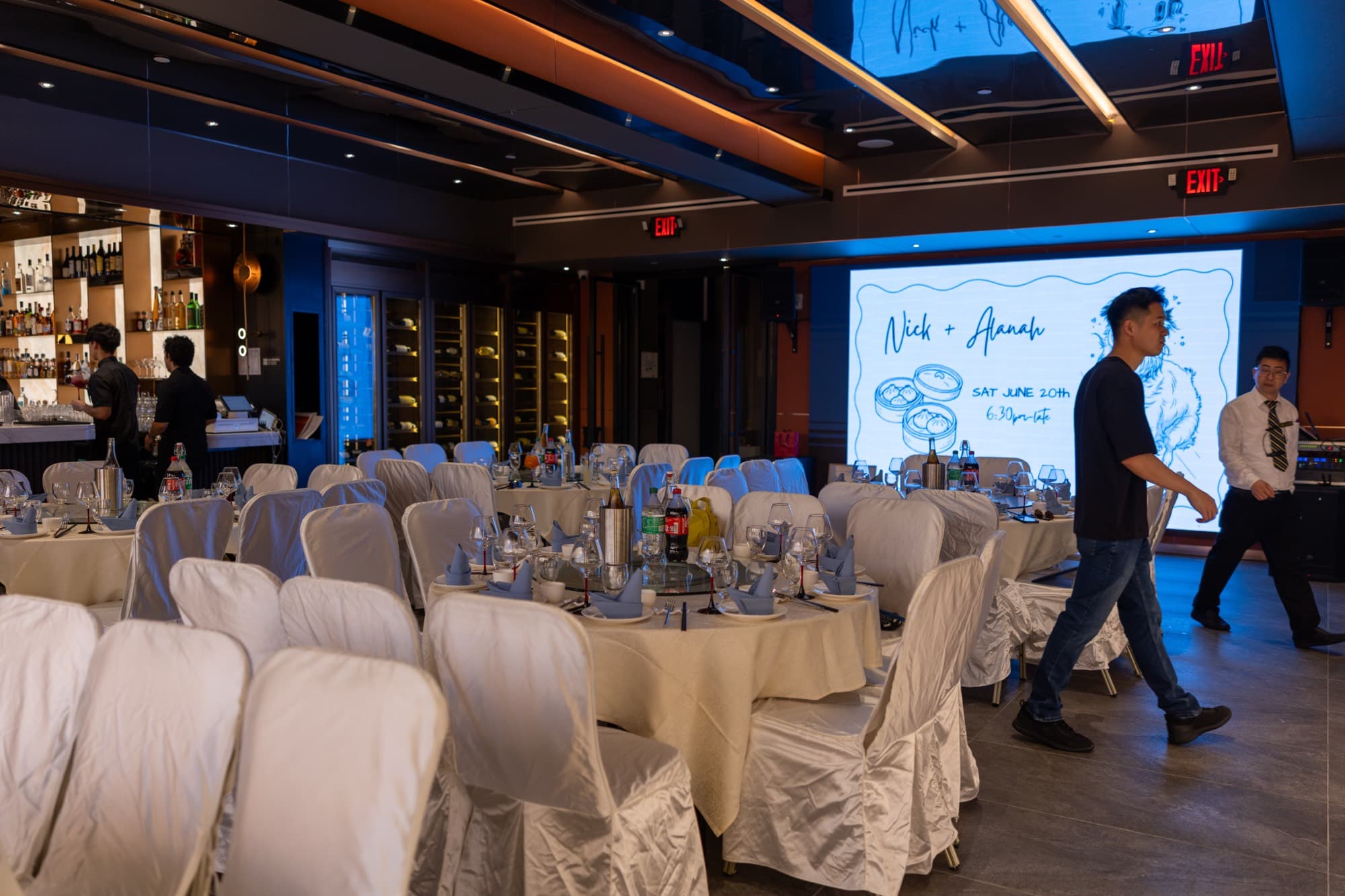 The ballroom set for a wedding banquet