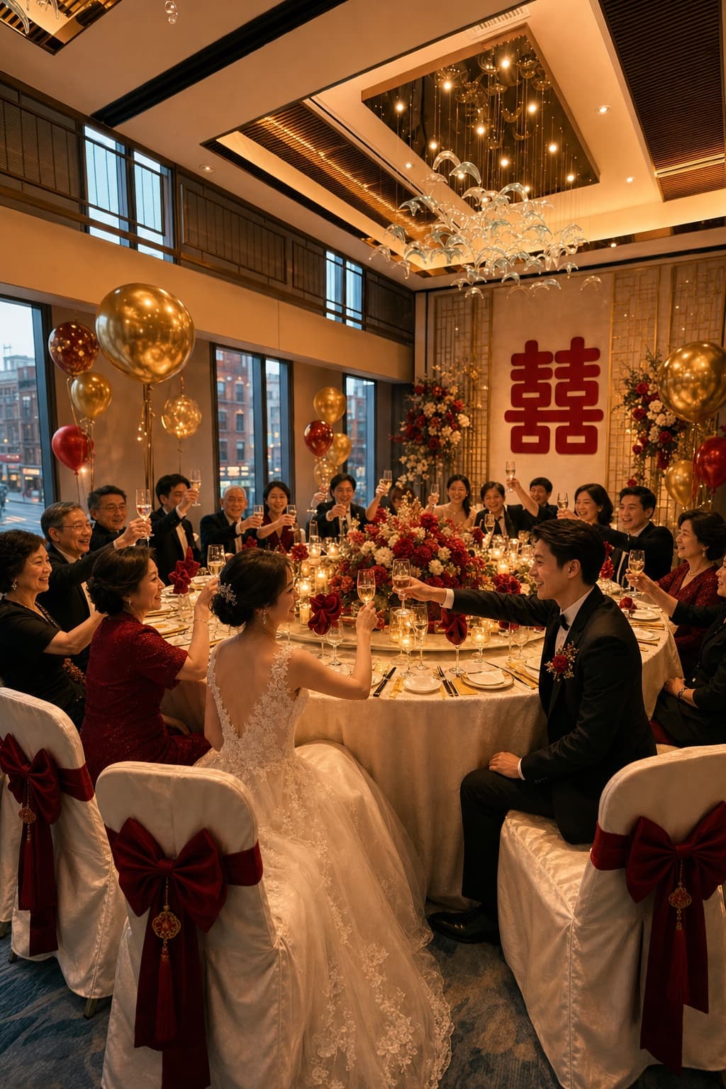 Wedding guests raising a toast around a banquet table