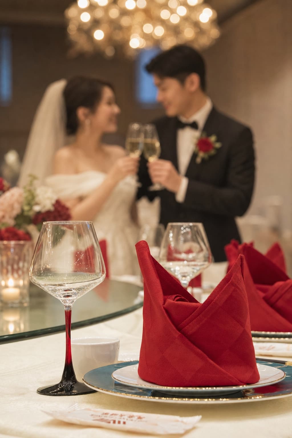 Red rose-folded napkin and crystal glasses at a wedding place setting