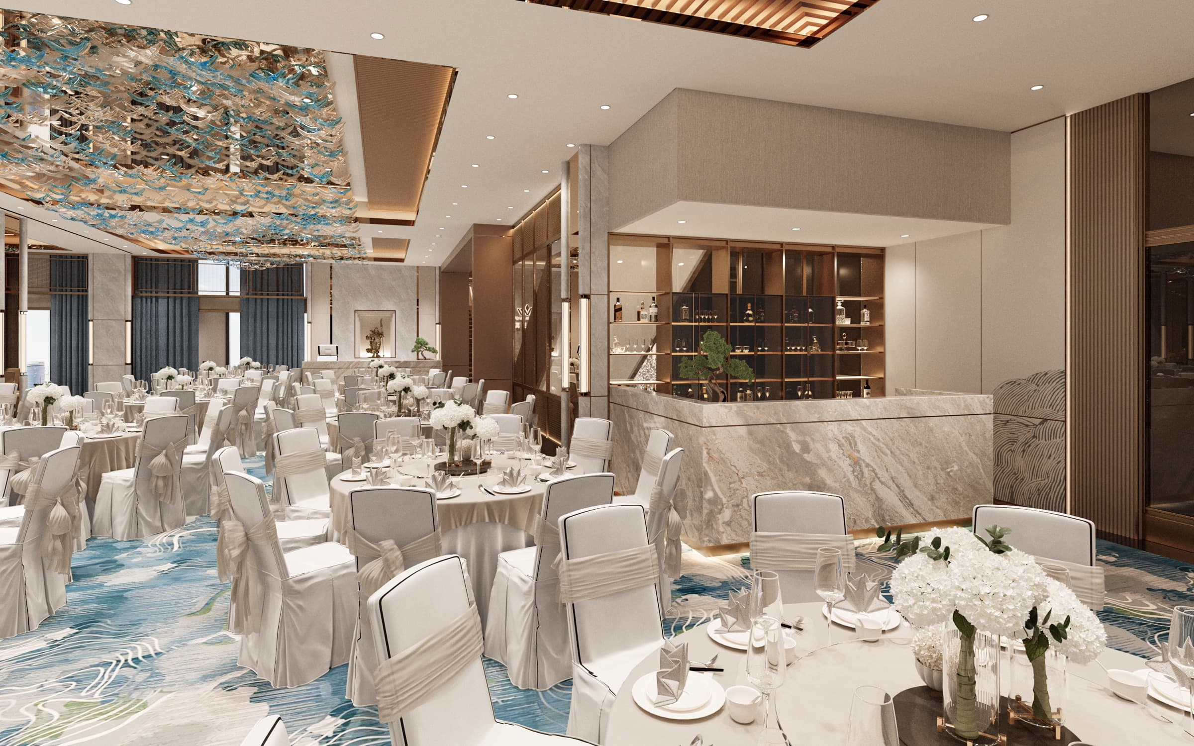 Banquet hall set with round tables beside the marble bar