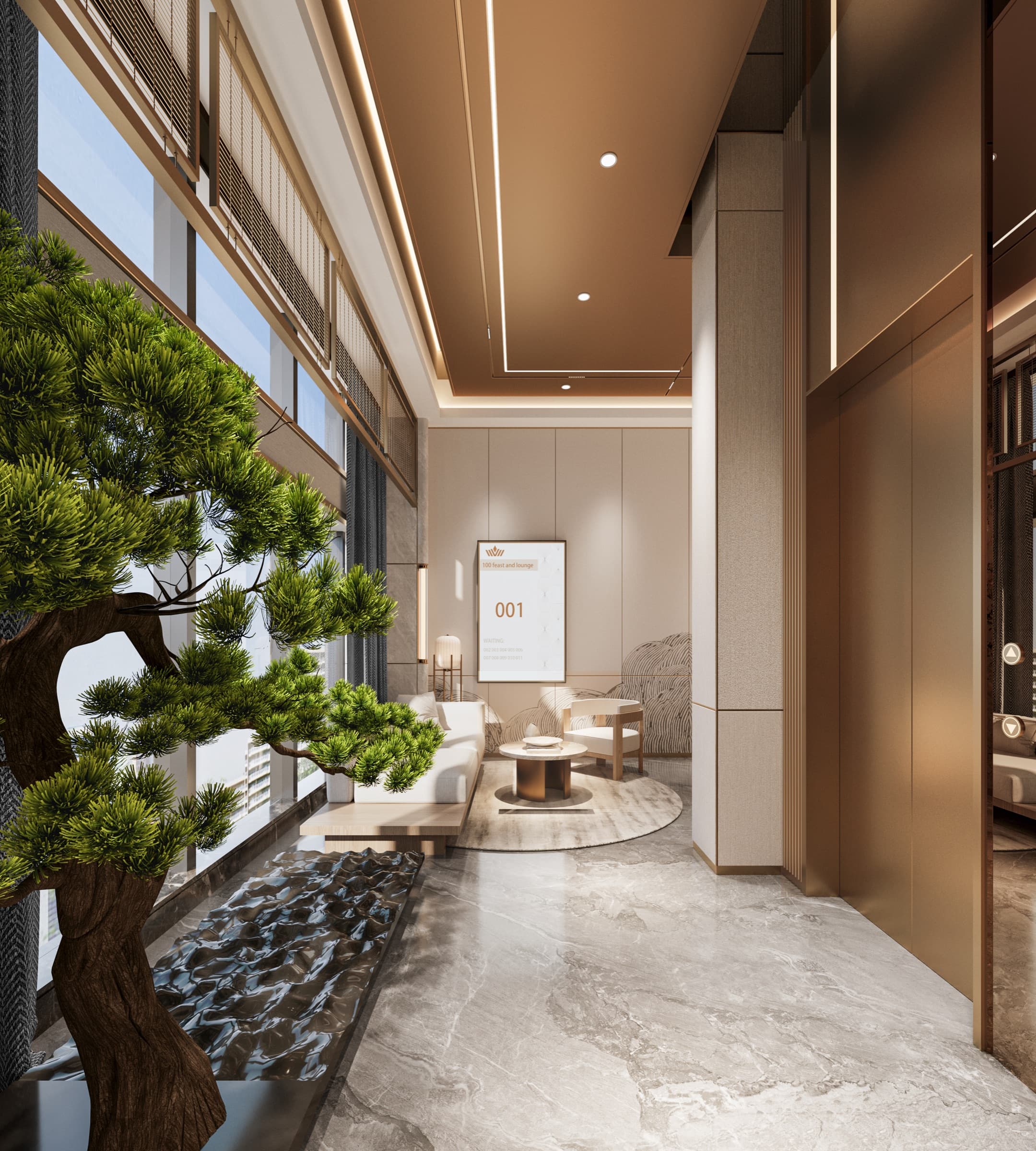 Reception corridor with sculpted pine