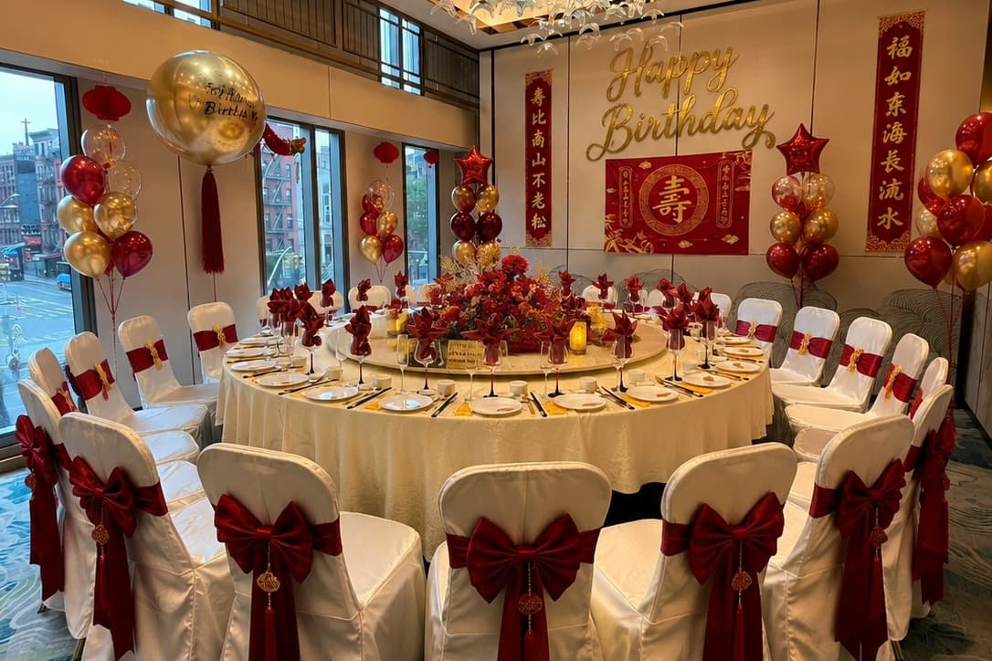 Private room dressed for a birthday with balloons and a longevity backdrop