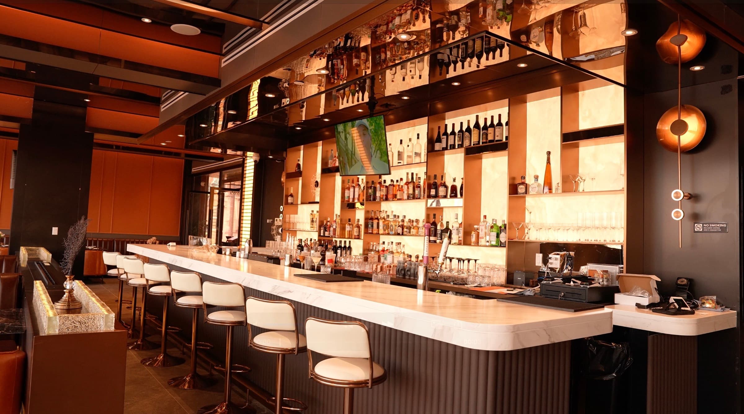 The marble bar with backlit spirit shelves