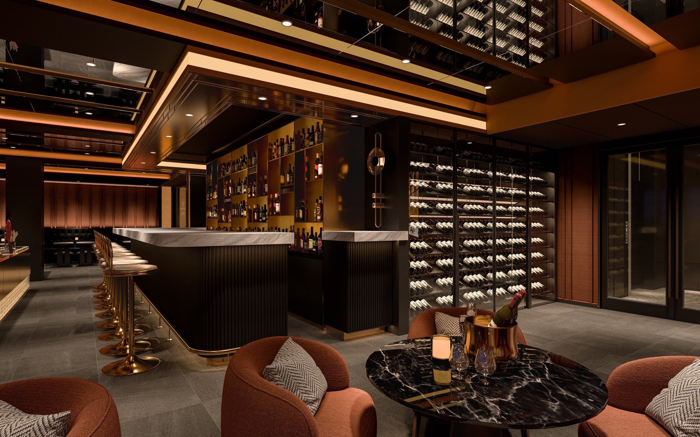 Backlit wine wall beside the bar