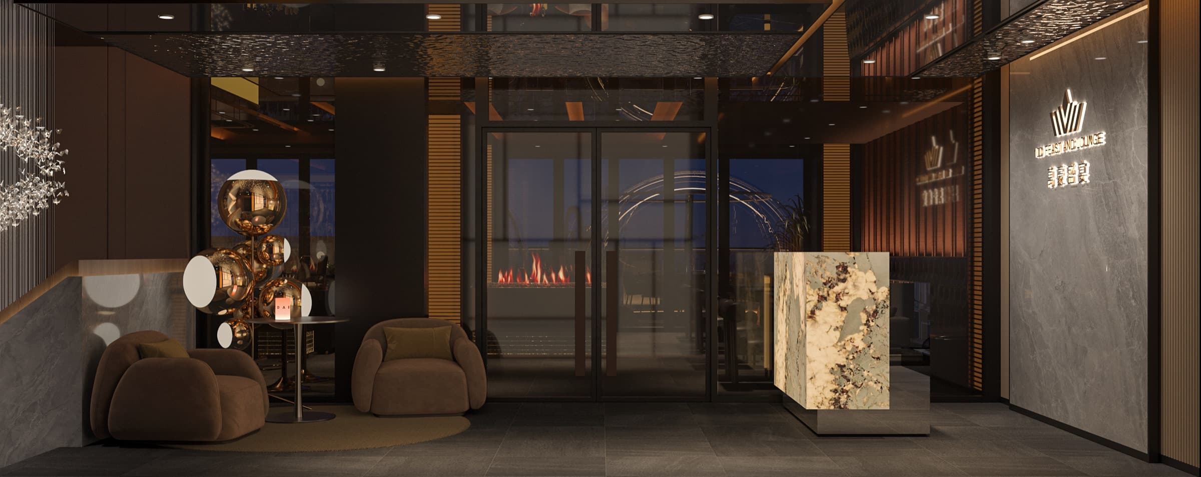 Third-floor reception lounge with fireplace