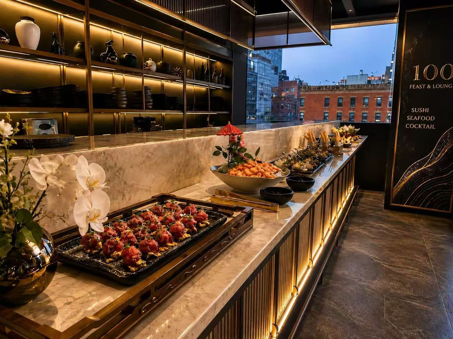 Sushi and seafood display along the third-floor lounge bar