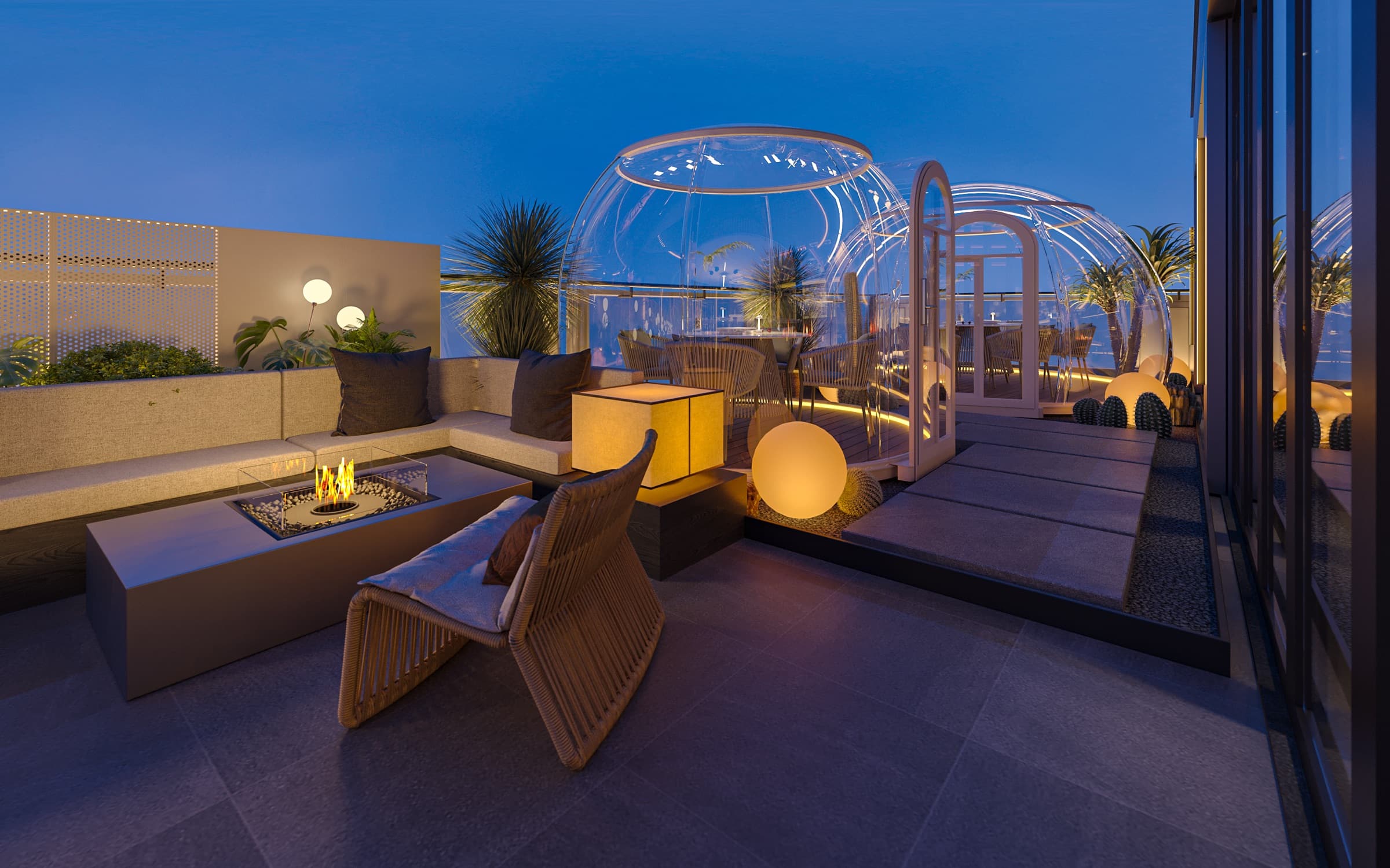 Terrace fire pit and garden dome at dusk