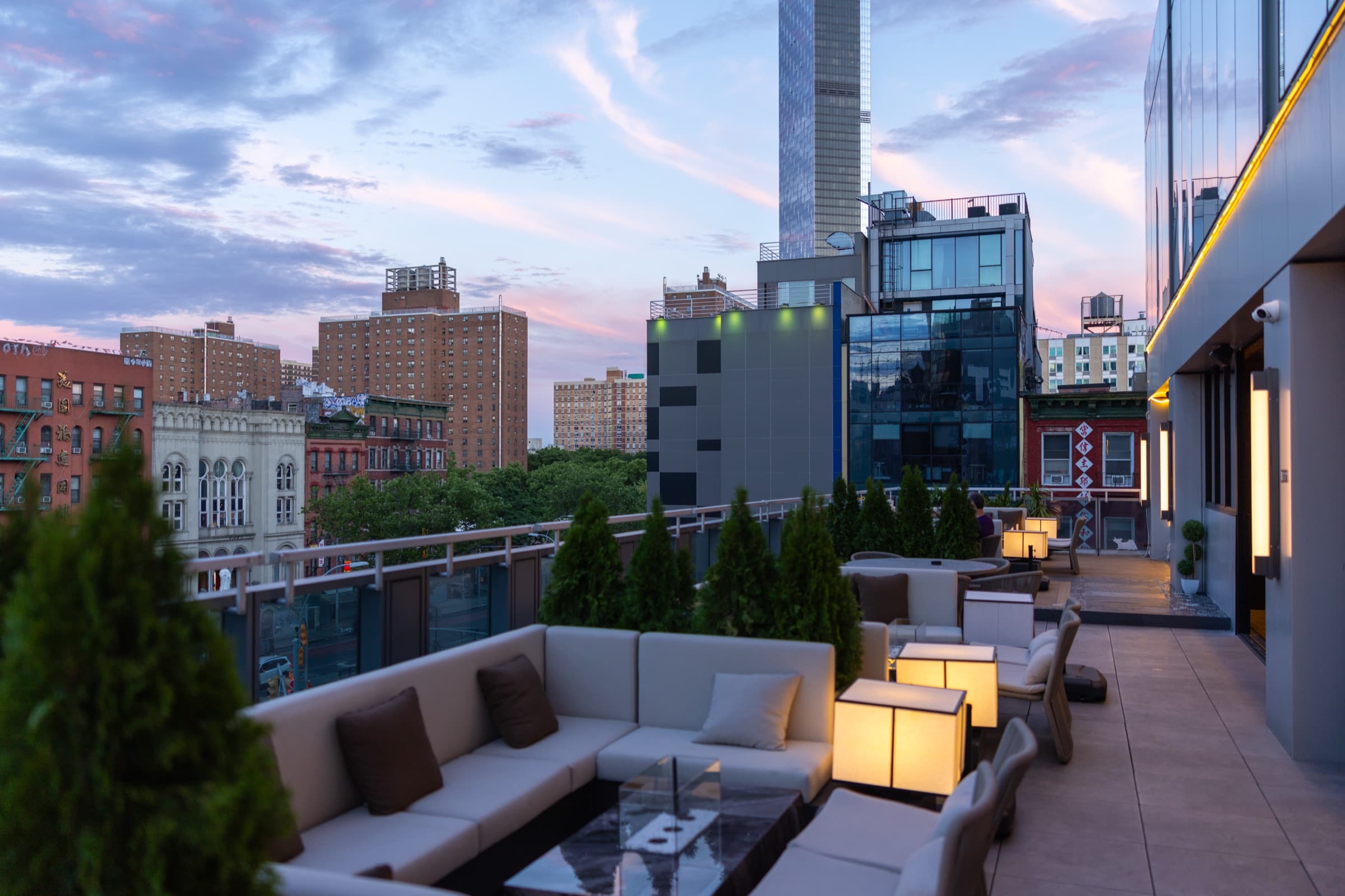 The terrace at sunset above the city