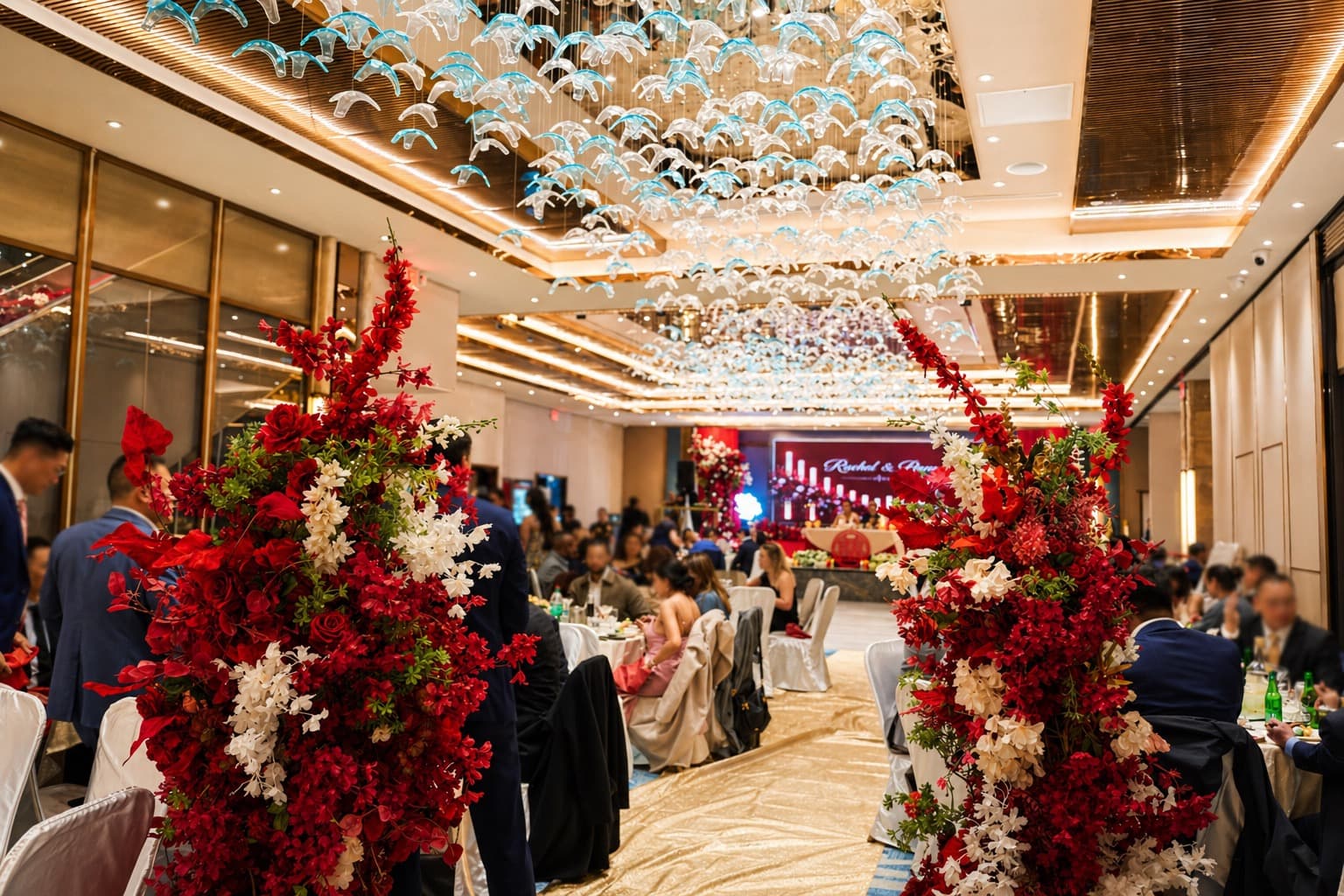 Grand hall dressed for a wedding reception
